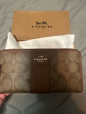 Coach Brown Signature Monogram Zip Wallet with Leather Trim